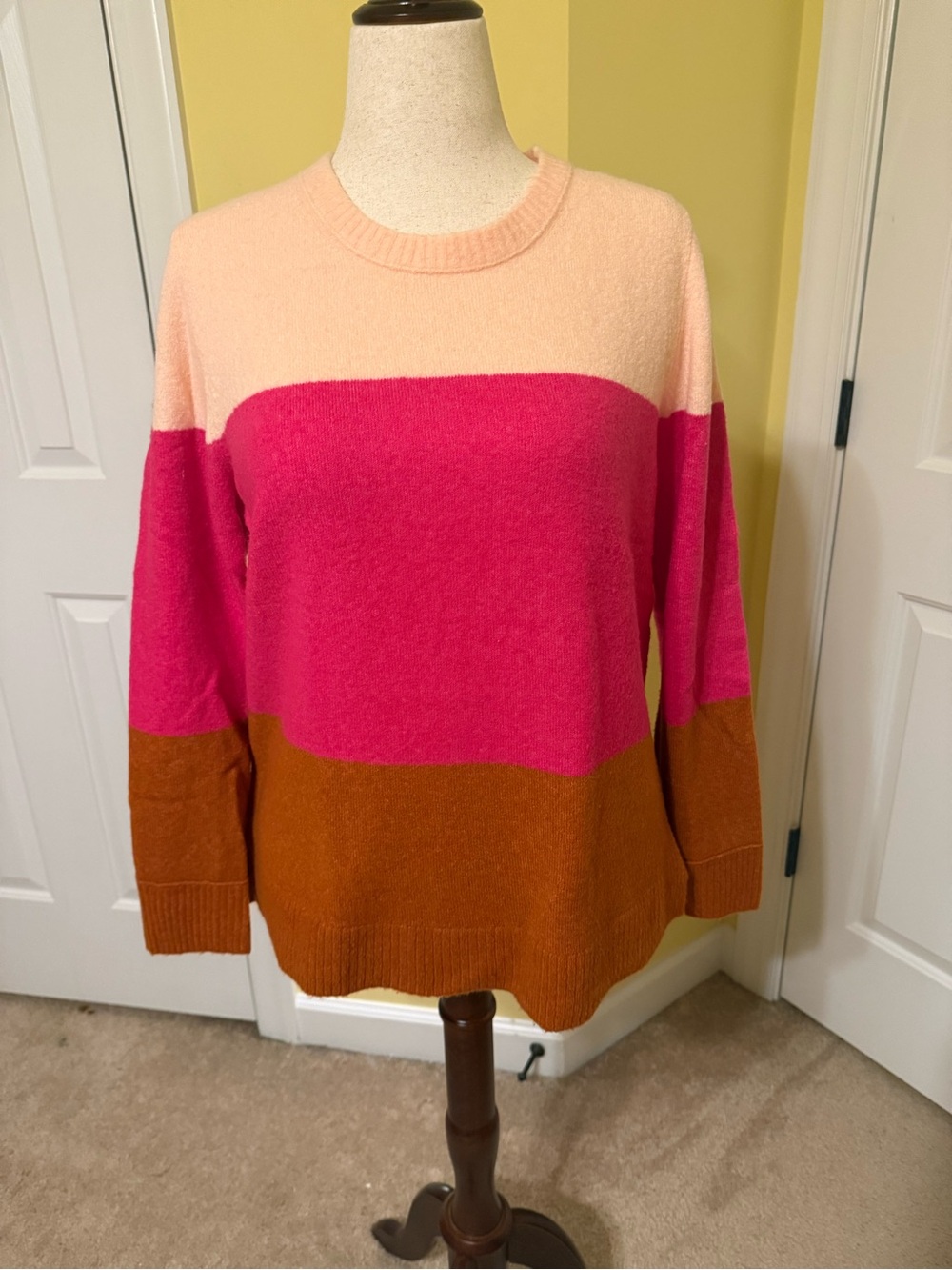 J. Crew Colorblock Crewneck Sweater in Peach, Hot Pink & Rust
